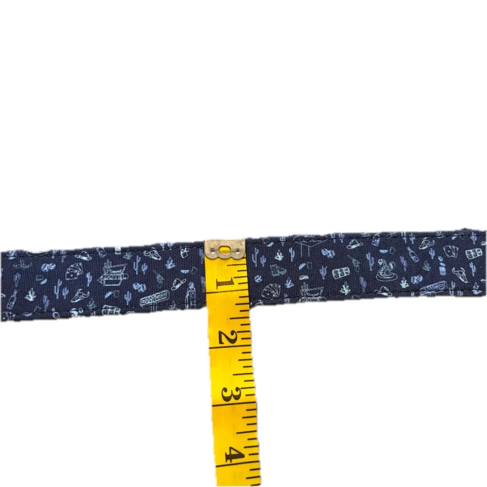 Peter Millar Mens 38 Belt Navy Canvas Western Print Leather Trim Made in Italy